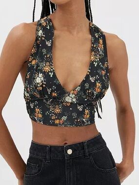 Black Floral Phoenix Plunging Tie-Back Tank Top